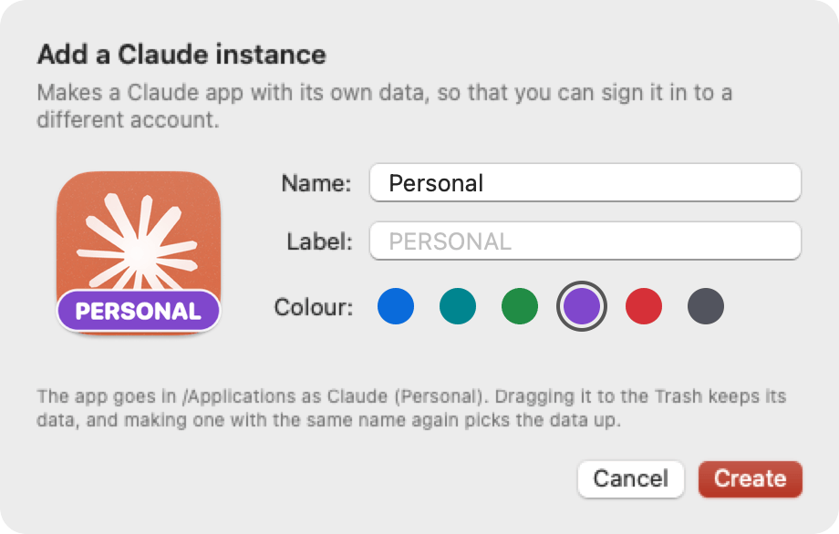 The Add Instance sheet, making a Claude labelled PERSONAL