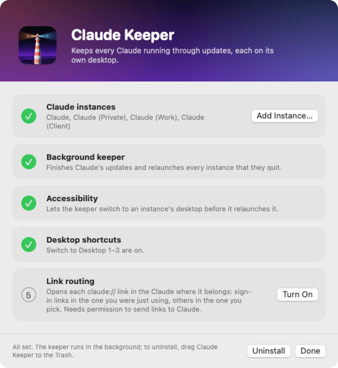 The Claude Keeper window, with several Claude instances and every step done