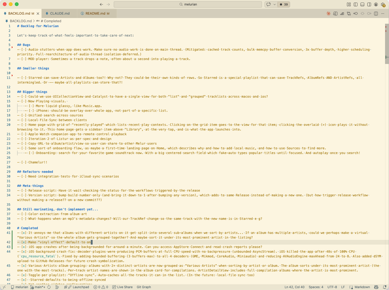 A screenshot of a backlog.md, with categories bugs, smaller things, bigger things, refactors needed, etc, and Completed.