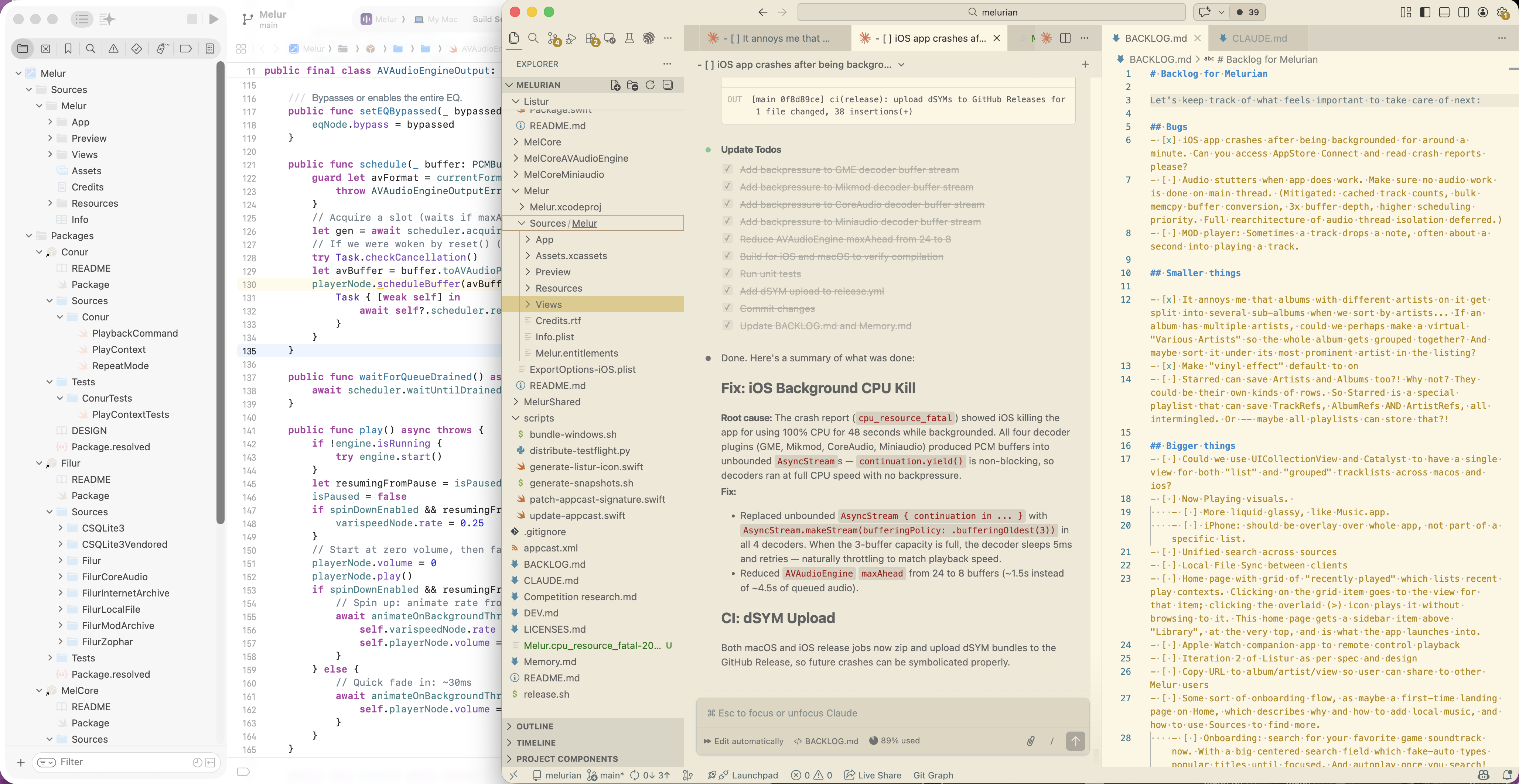 Screenshot of my agentic workflow with Xcode, VSCode and Claude VSCode extension